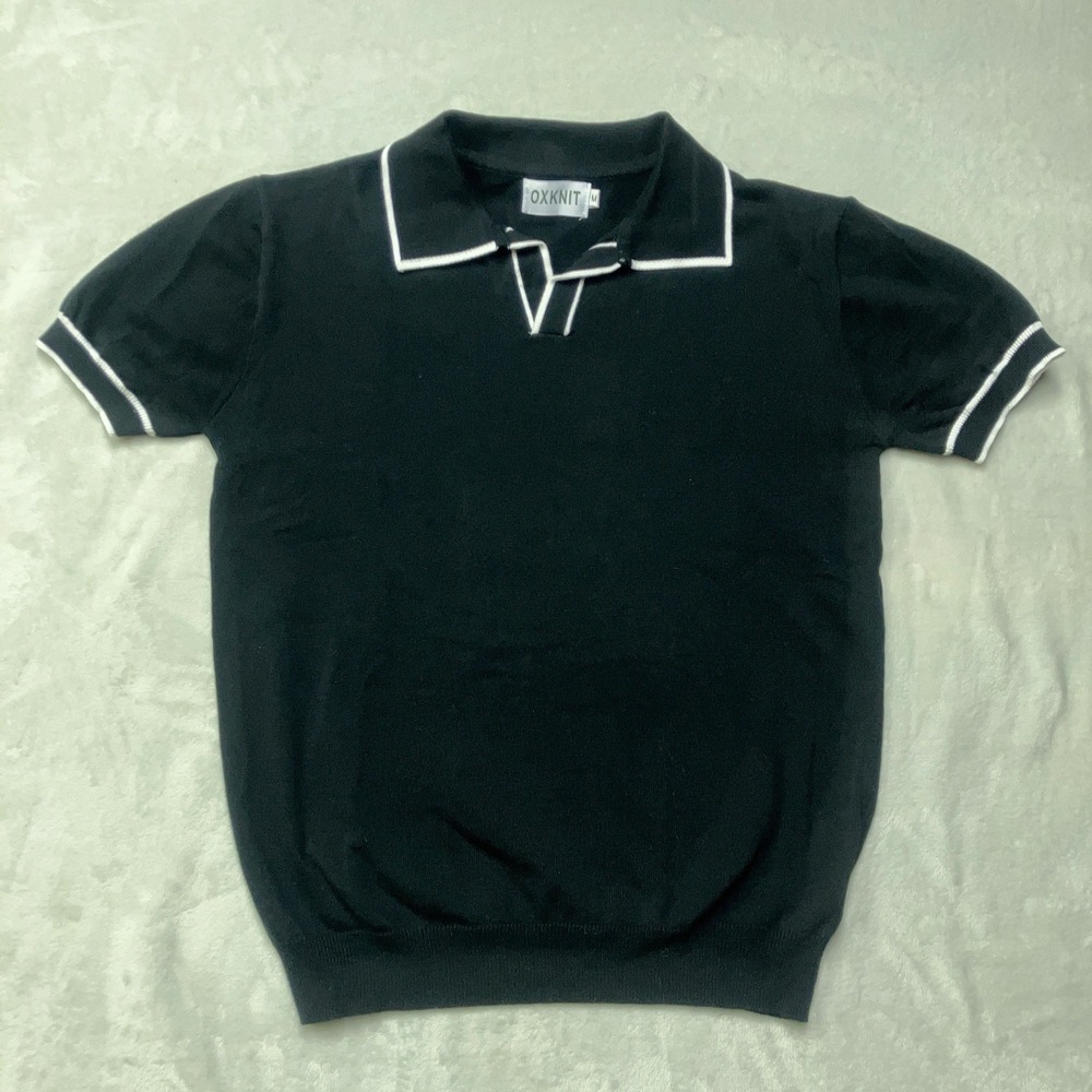 OXKNIT Store Mens M Knit Polo Sweater Shirt Black White Contrast Trim Retro 70s